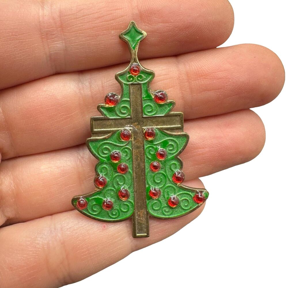 Vintage Christmas Tree Brooch, Religious Jewelry, Jesus Pin